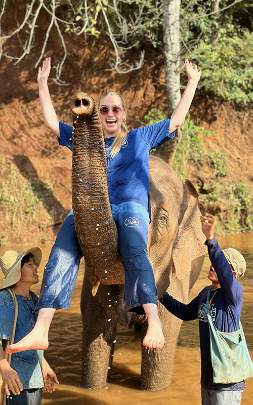 Elsa Wilcox smiles while riding an elephant trunk in Thailand