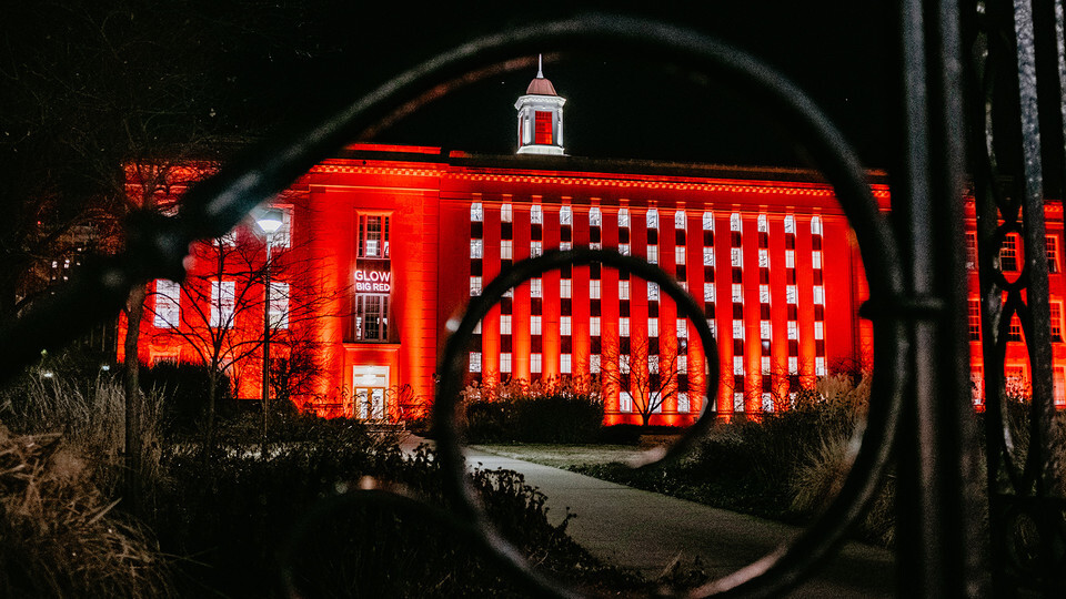 Love library glows red in celebration of the annual Glow Big Red 24 hour giving event. 