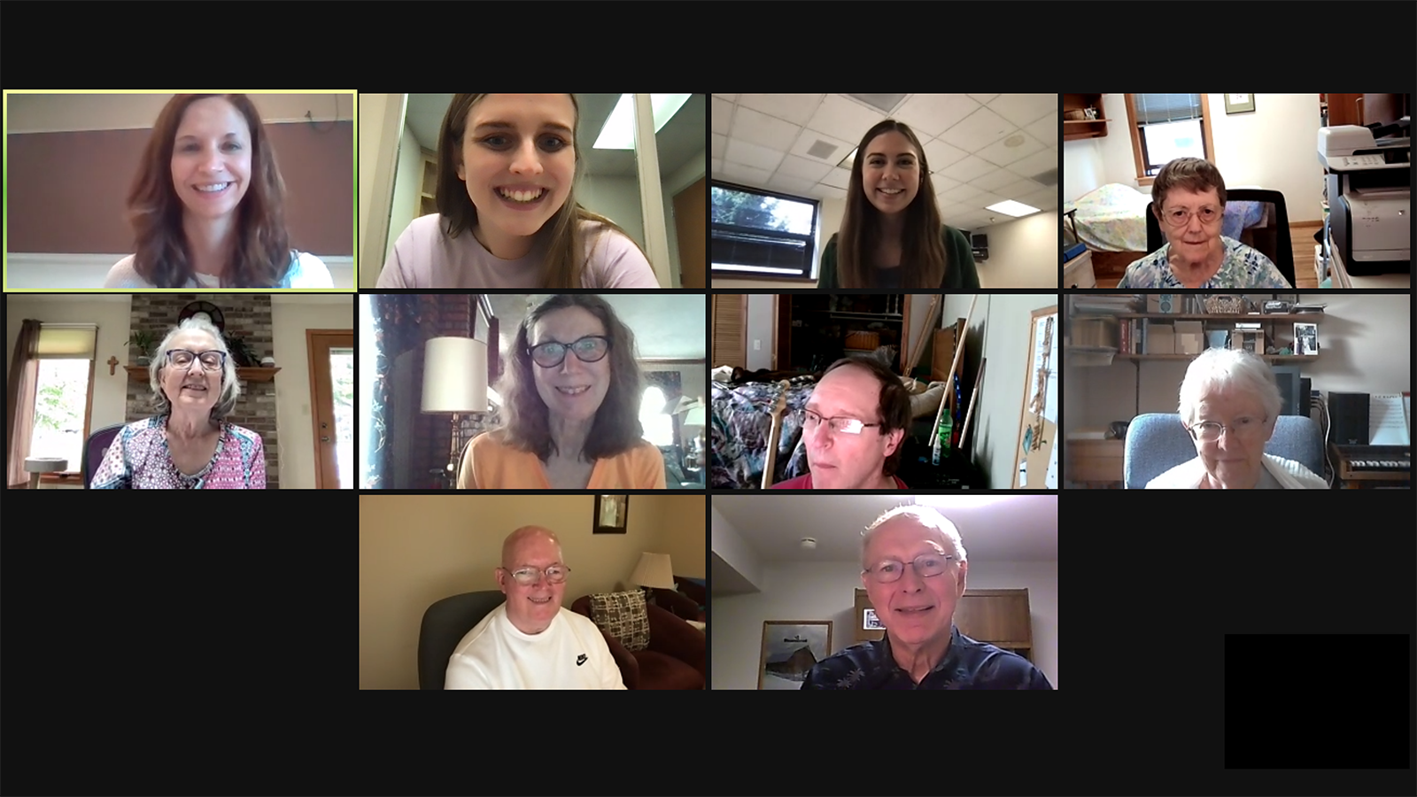 Clinicians and participants smile for a group screenshot during a Zoom meeting for the LOUD Crowd.