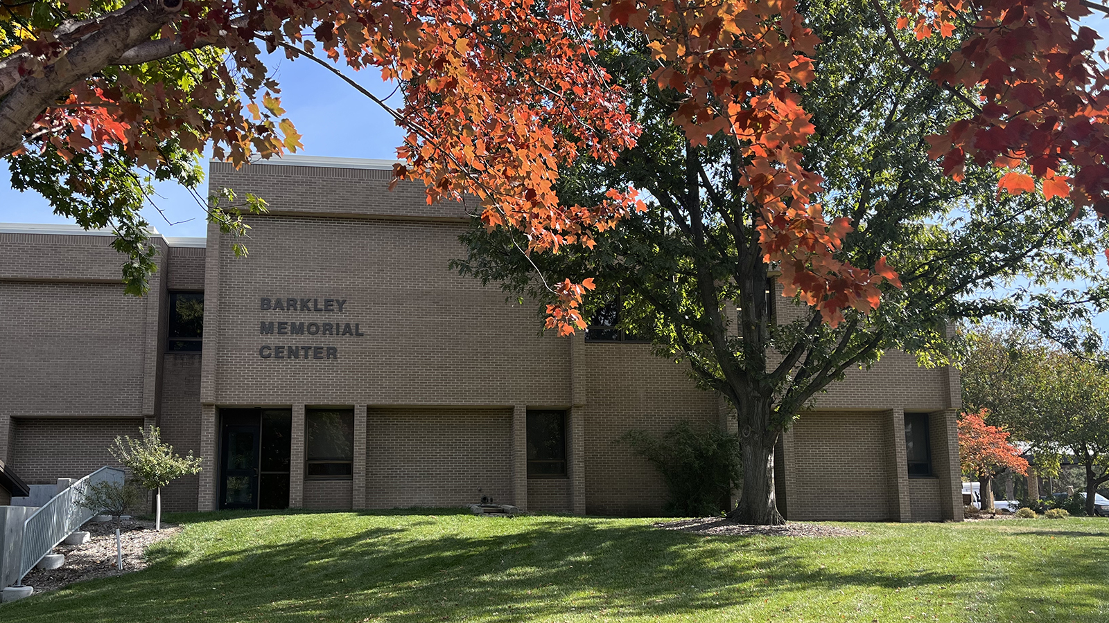 the Barkley Memorial Center with tree leaves in fall colors