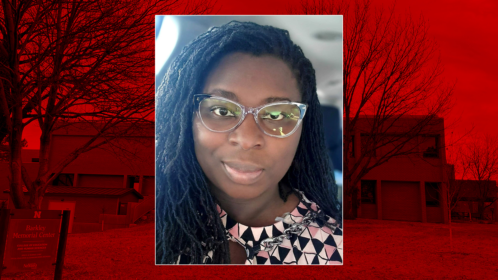 Monique Fenner headshot; Barkley Memorial Center photo with red overlay behind