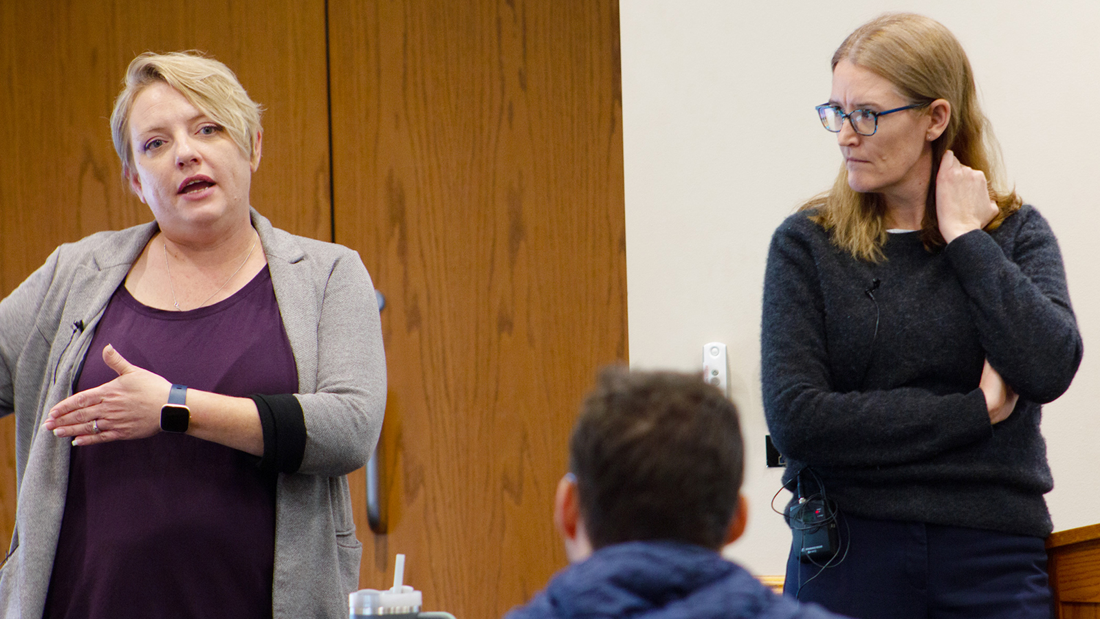 Amanda Prokasky and Carrie Clark answer questions during the Fall 2023 Methodology Applications Series presentation at the Nebraska Union Dec. 8.