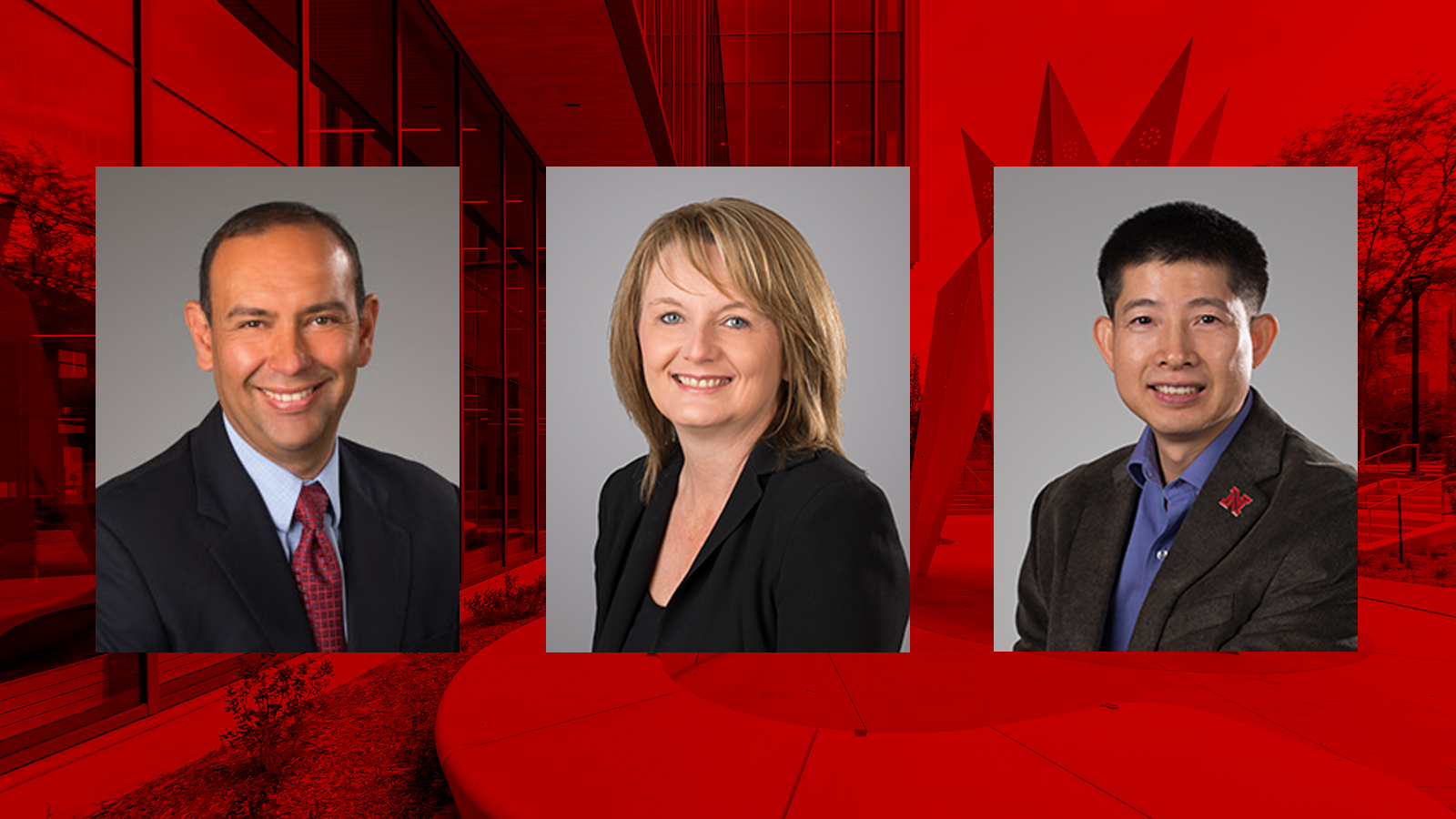 professional portraits of Gilbert Parra, Kristy Weissling and Jiangang Xia with red background image