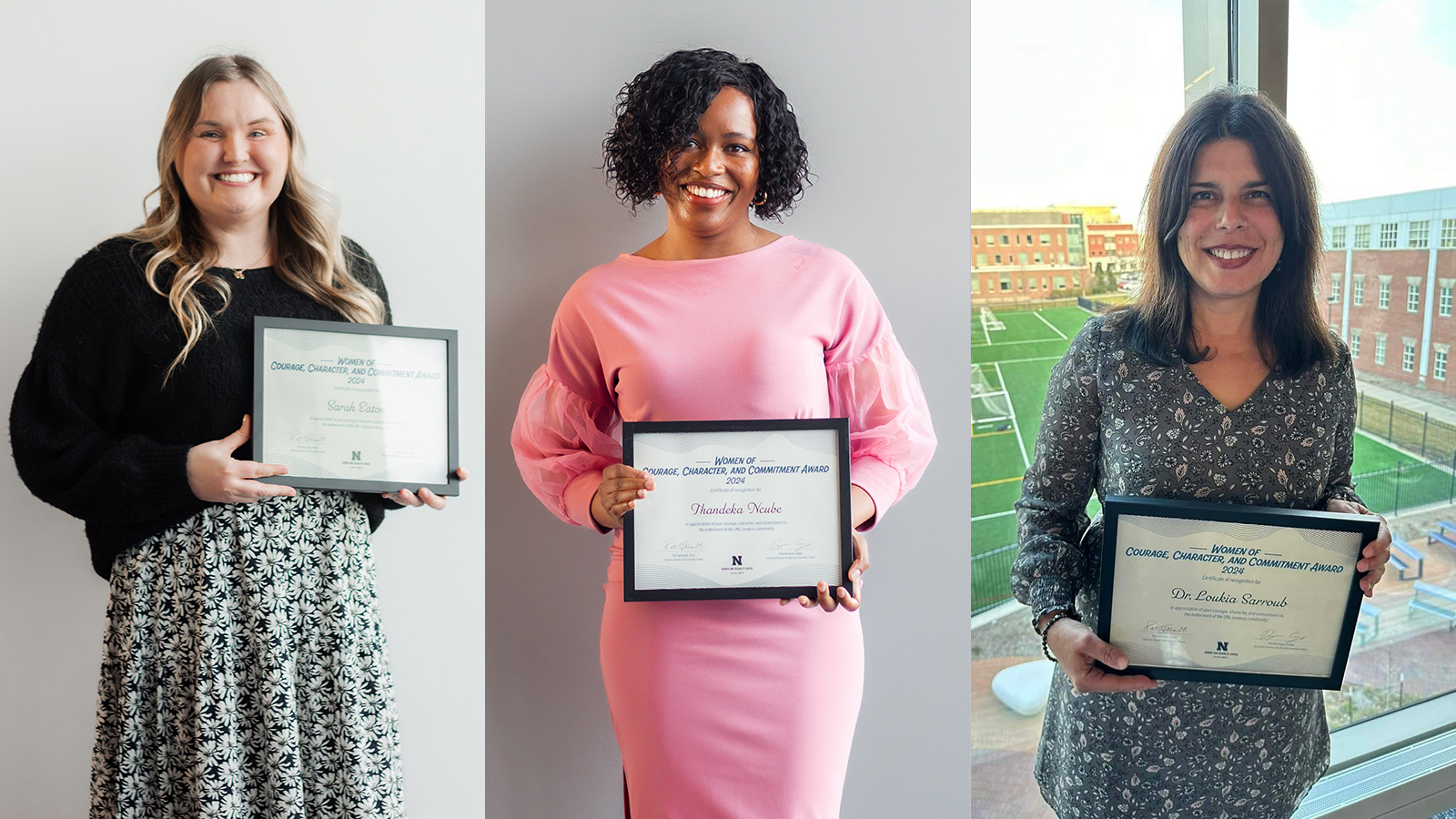 photo collage of individual photos of Sarah Eaton, Thandie Ncube and Loukia Sarroub holding their certificates from the Women of Courage, Character, and Commitment Awards