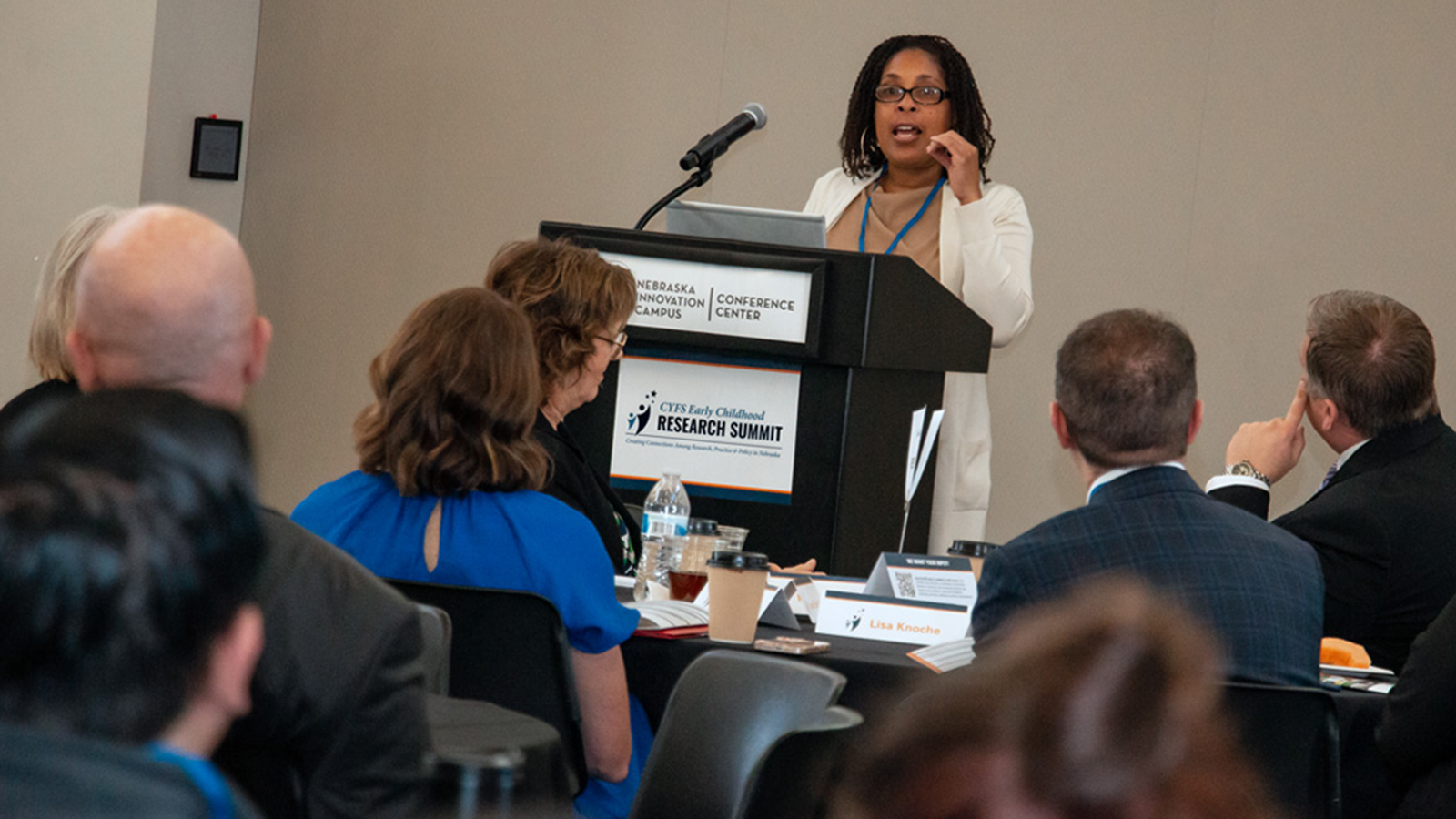 Chrishana Lloyd, research scholar at Child Trends, delivers her keynote address April 23 at the 2024 CYFS Early Childhood Research Summit. (Kyleigh Skaggs, CYFS) 