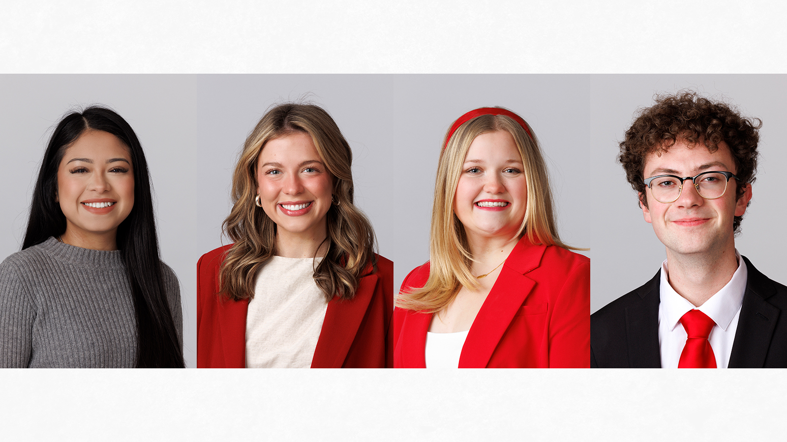 Michelle Garcia-Barillas, Claire Kelly, Makayla Larntz and Jameson Margetts professional headshots on light background