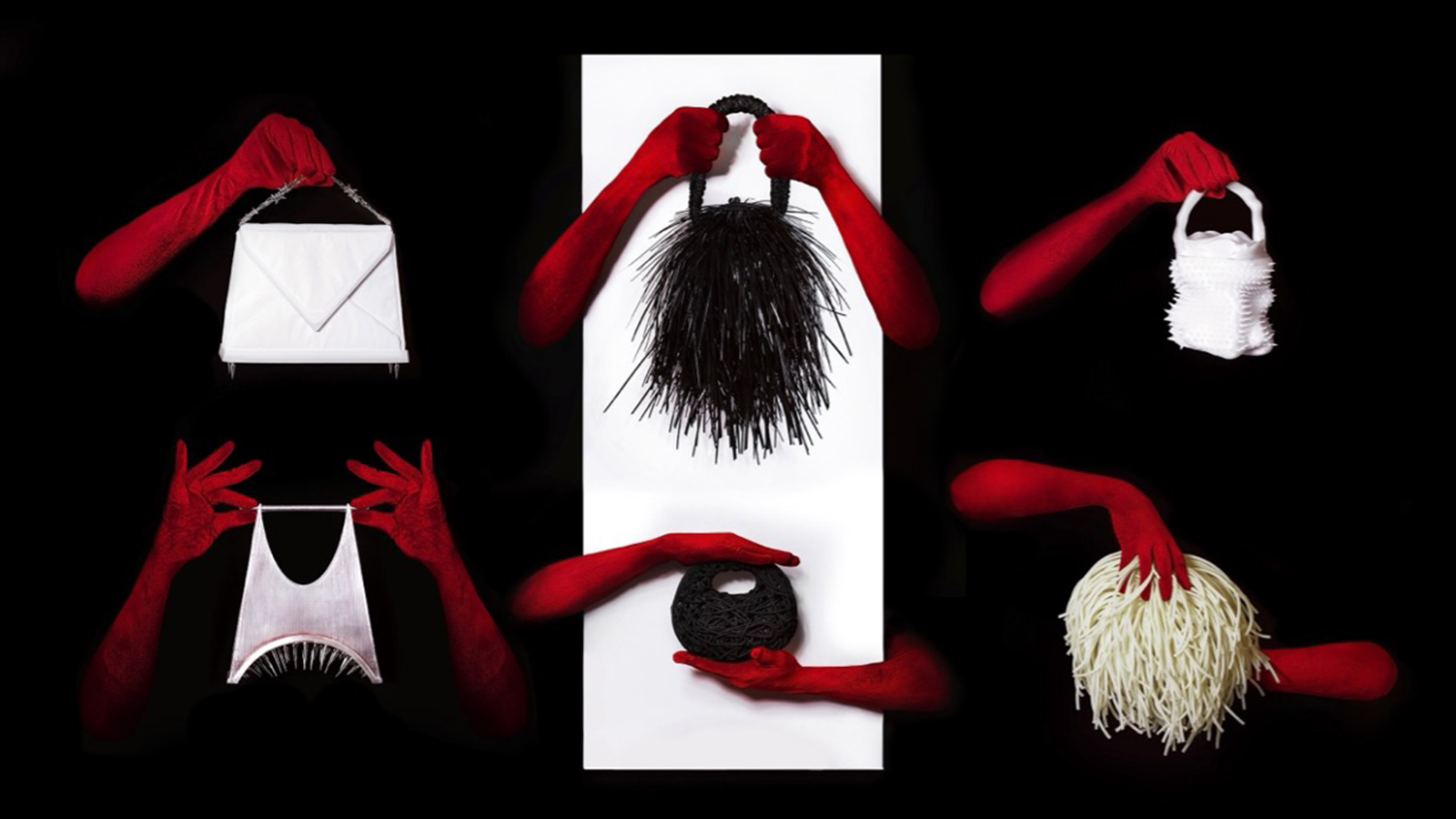 six handbags in Rafael Bertacini's collection, each held by arms wearing red gloves, photographed on either black or white backgrounds