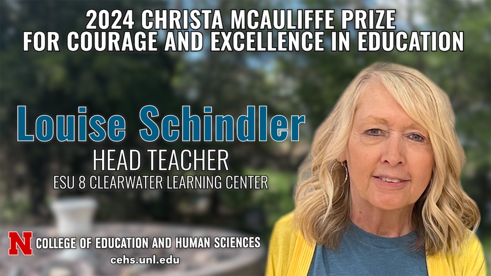 Louise Schindler, head teacher for special education at ESU8 for 48 years, is the recipient of the 2024 Christa McAuliffe Prize for Courage and Excellence in Education