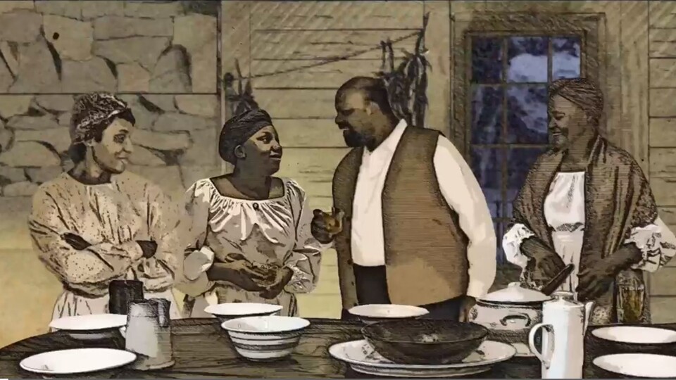 An animated still image of four characters from The Bell Affair. 