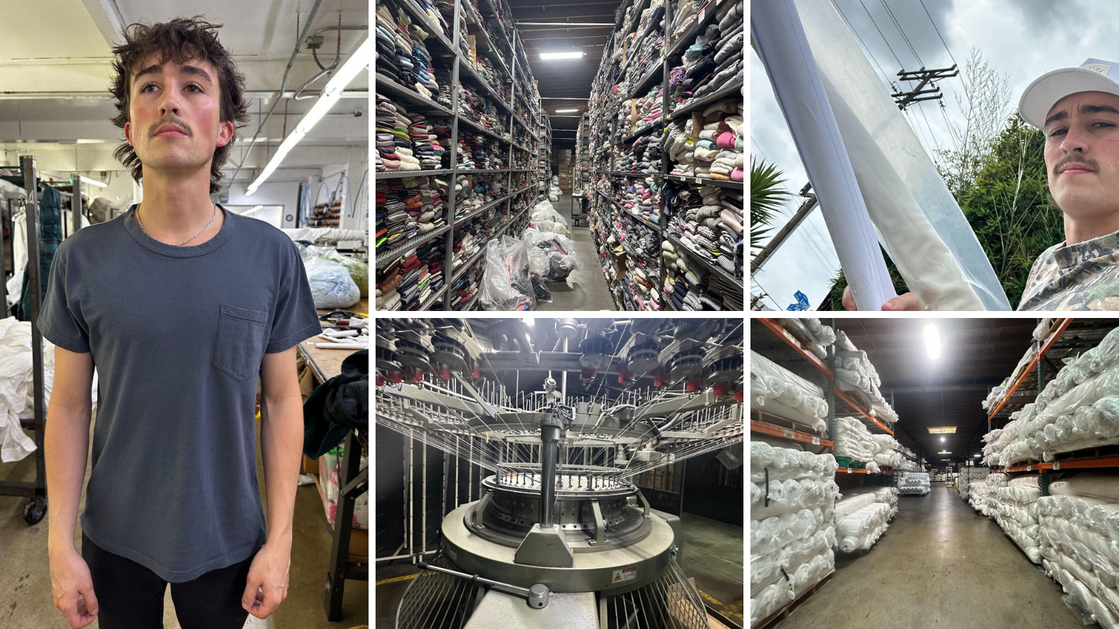 A collage of photos. Two of Carter Crayne working during his internship, and the other three are of apparel warehouses and equipment.