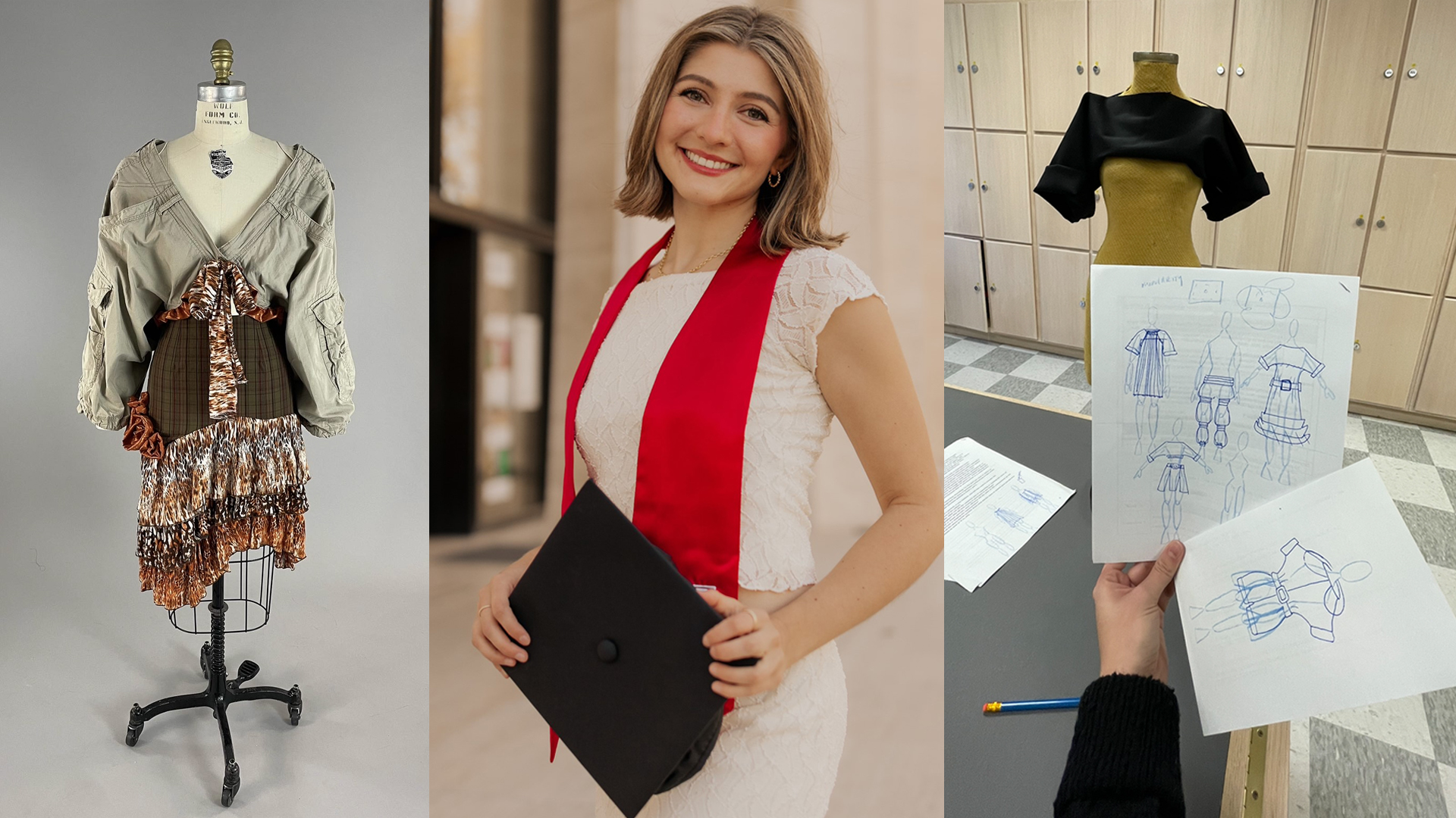Three photos combined. Left image is a finished piece on a manikin with a gray background. The middle image is a headshot of Miranda Campbell at graduation. The right image is a sketch from Miranda as she designs a new garment. 