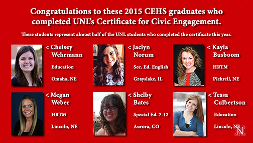 Six CEHS students are graduating in spring 2015 with a certificate in civic engagement.