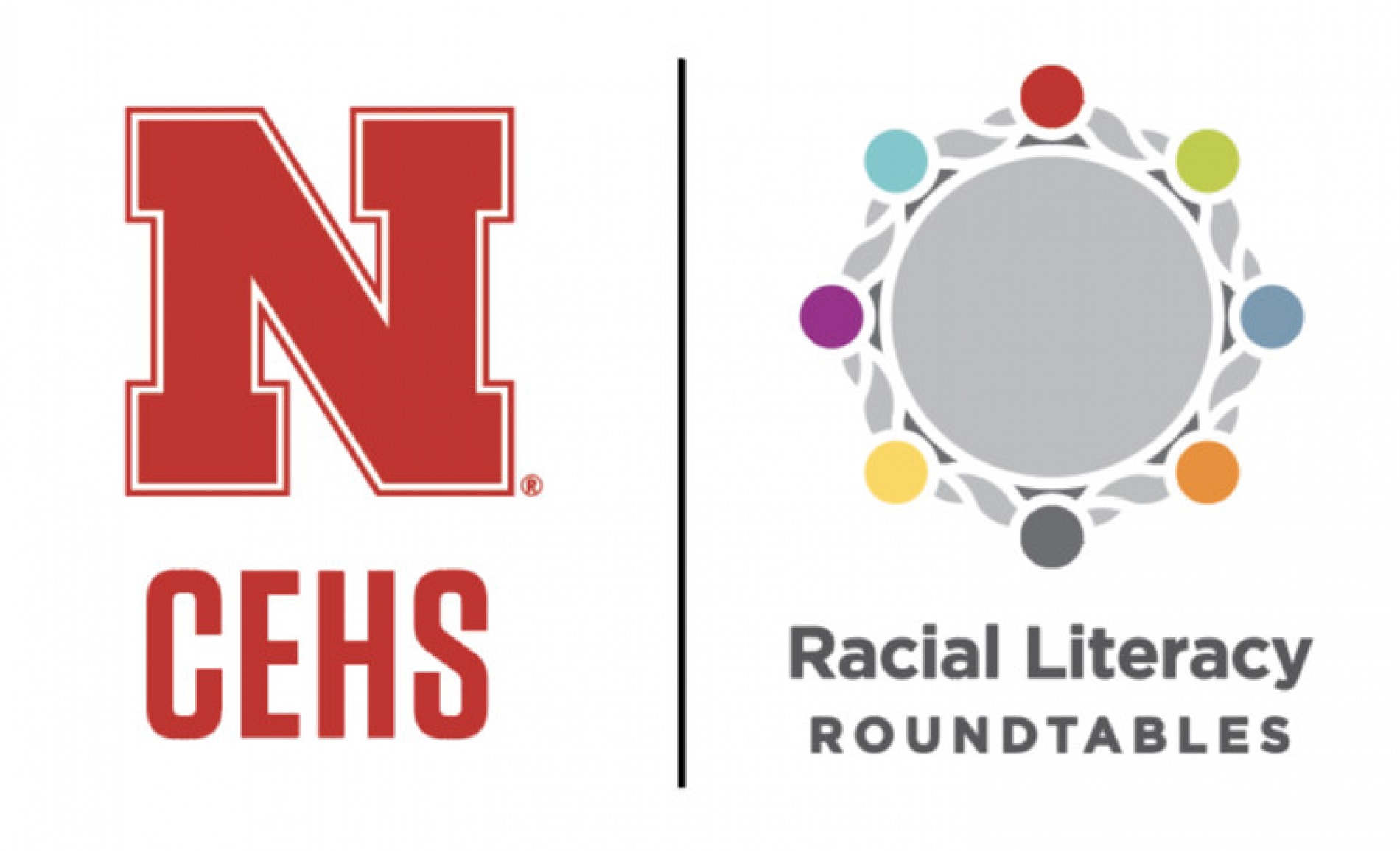 Graphic with a red CEHS logo next to a round and colorful Racial Literacy Roundtables logo. 