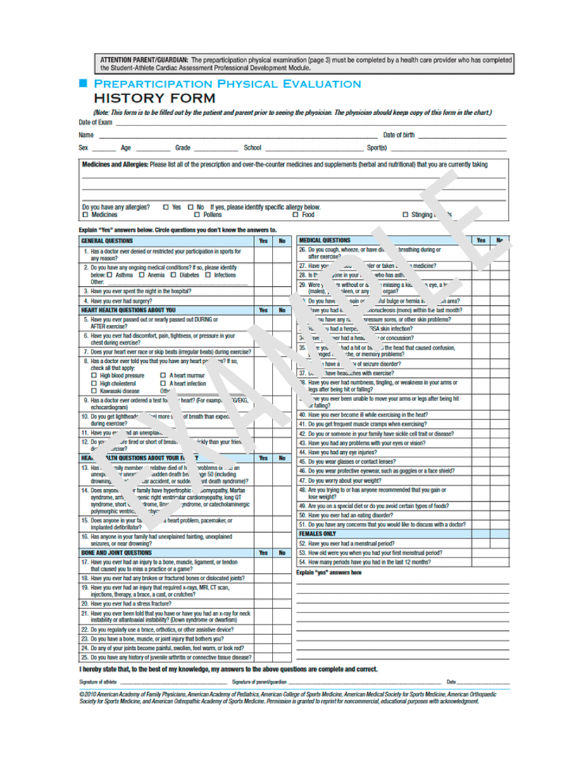 Example of ATP pre-participation physical evaluation form with medical history questions