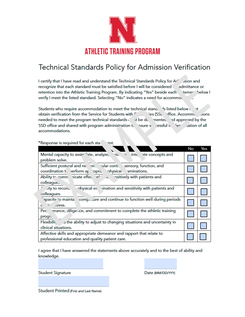 Example of UNL Athletic Training Technical standards verification form 