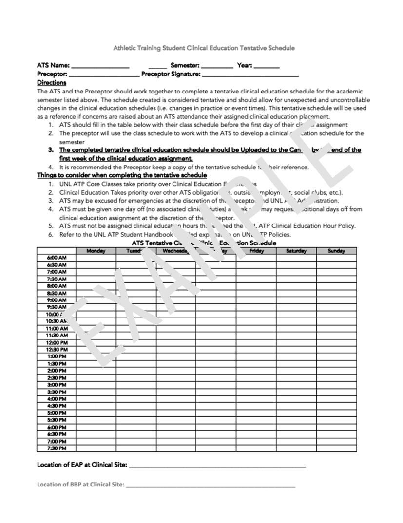 Example of Athletic training student tentative schedule form with a blank timetable