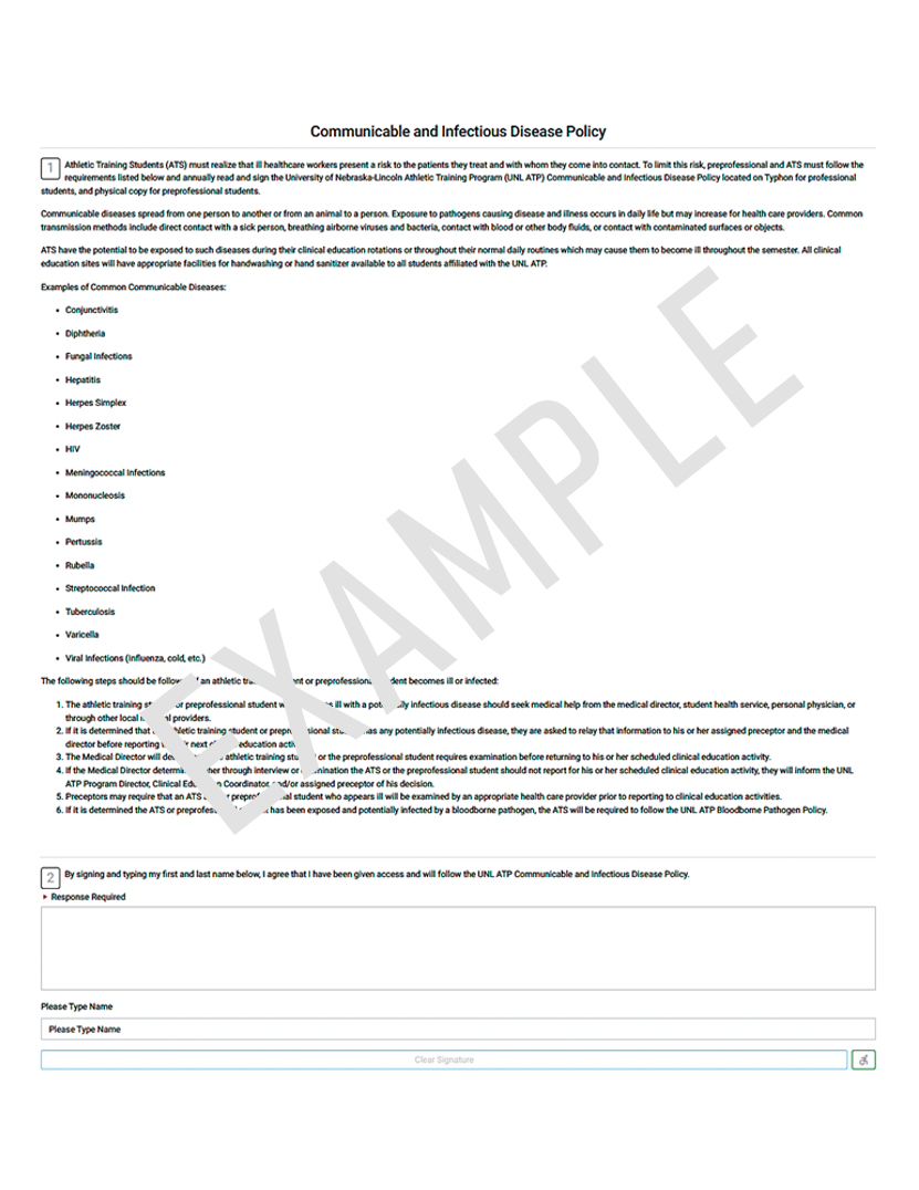 Example of Communicable Disease Policy document with signature fields at the bottom.