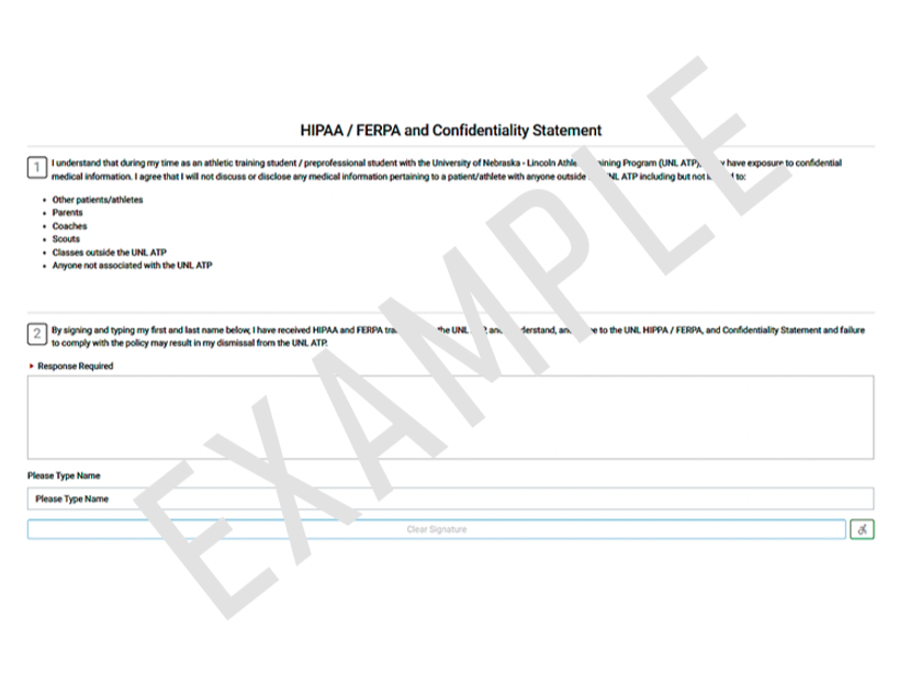 Example of HIPAA/FERPA confidentiality form with sections for reading, acknowledgment, and signature input.