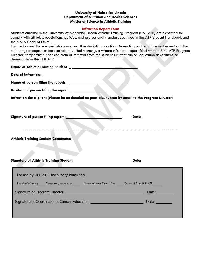 Example of ATP Infraction report form with placeholders for details and signatures.