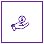 Hand holding a coin with a dollar sign in purple outline.