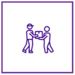 Two outlined figures exchanging a box, drawn in purple, within a square border.