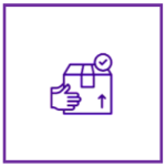 Hand holding a box with an upward arrow and checkmark, outlined in purple.