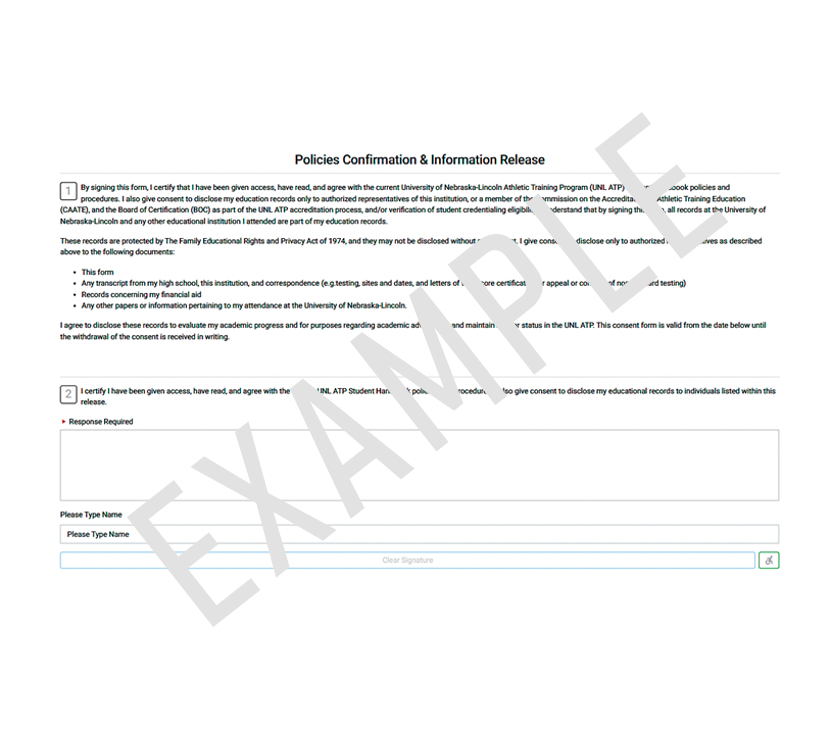 Example of Policies Confirmation and Information Release form with signature and name fields.