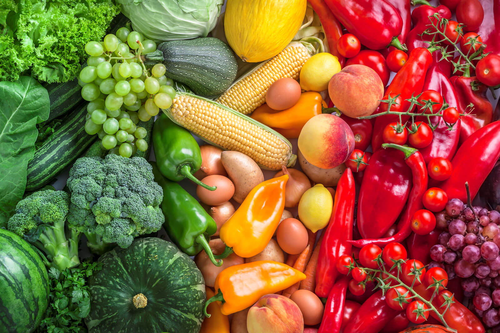 Fruits and Vegetables organized by color.