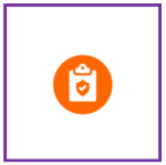 Orange clipboard icon with a shield and checkmark inside.