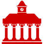 Graphic representing college building with columns and clock tower.