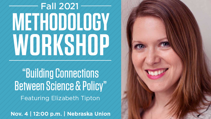 Headshot of a speaker, next to a blue graphic with event details. 