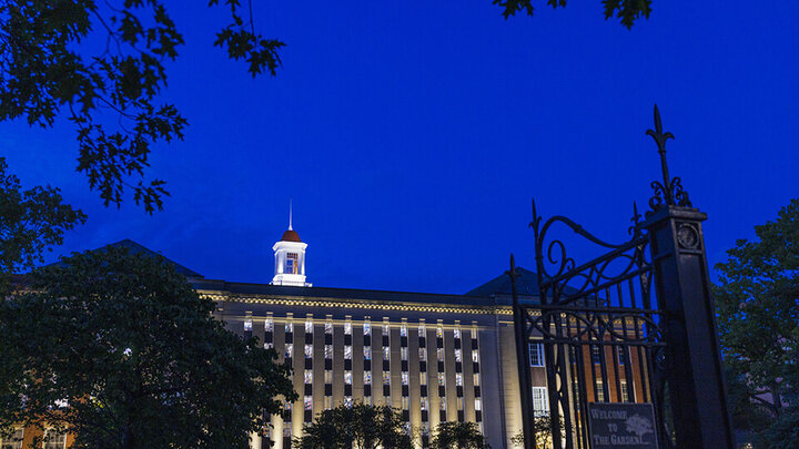 Nightime view of Love Library on City Campus.