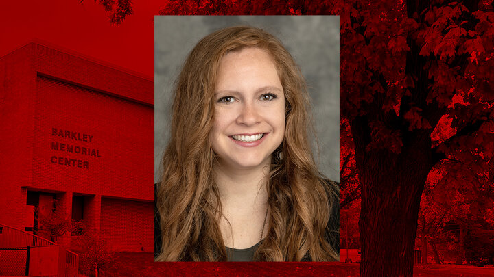 Tessa Boesiger headshot overlaid on photo of Barkley Memorial Center