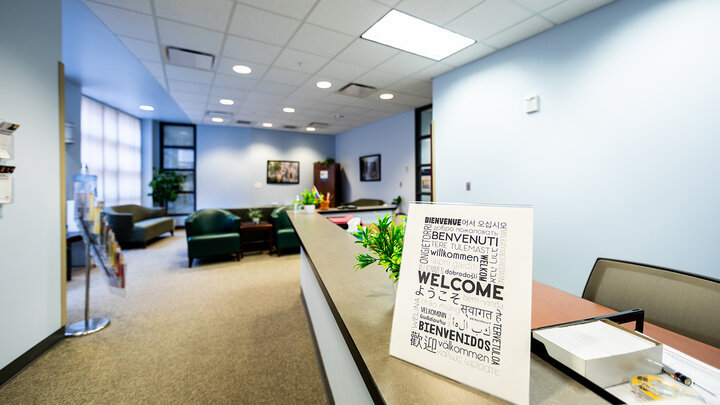 front desk and lobby area of the Counseling and School Psychology Clinic