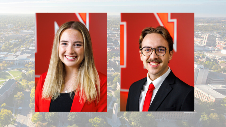 Two professional headshots on a landscape background of campus. 