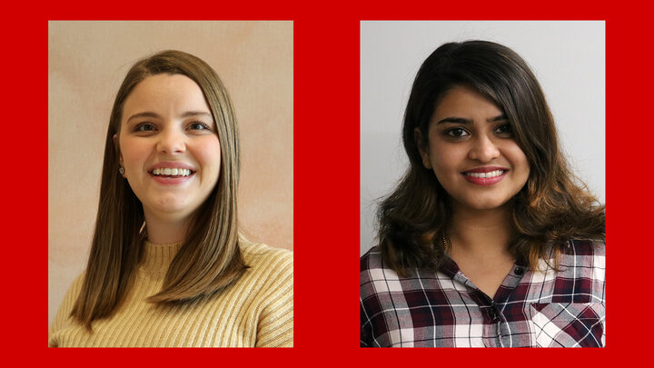 Molly Pangestu and Priya Premkumar headshots on red background