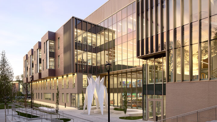 Carolyn Pope Edwards Hall west exterior with sculpture near entrance; Sasaki/Sinclair Hille, Jeremy Bittermann (photographer)