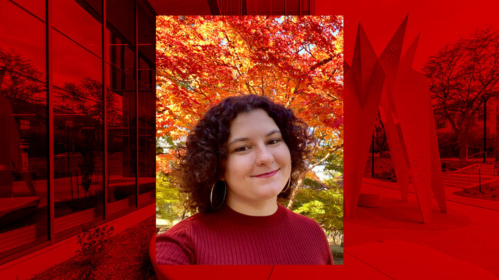 Molly Sambol headshot with autumn leaves on tree in background, campus photo with red overlay behind