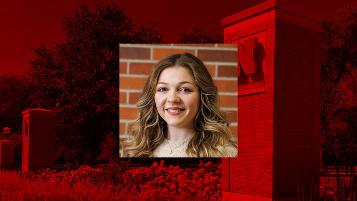 pillars at East Campus with red overlay as background; Kinna Arp headshot in center