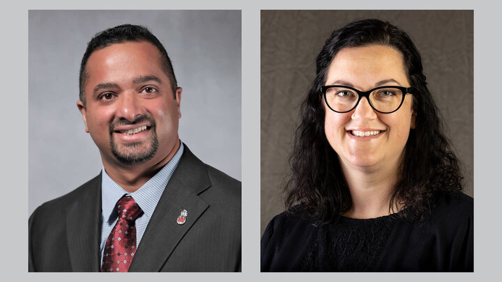 gray background with headshots of Ajai Ammachathram and Tricia Gray on top layer