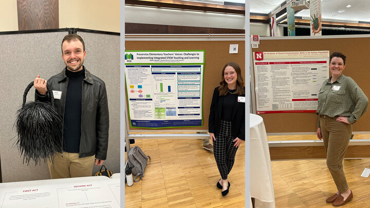 Rafael Bertacini poses with a handbag, Allison Johnson poses with her research poster, Abbie Summers poses with her research poster