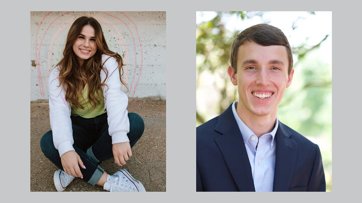 Thursey Cook and Hayden Ullmann portrait photos on gray background