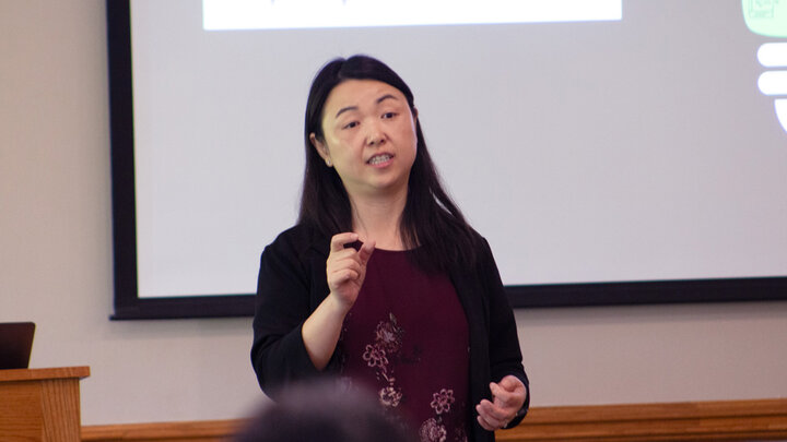 Yingying Wang, associate professor of special education and communication disorders,â¯and director of UNLâsâ¯Neuroimaging for Language, Literacy and Learning (NL3) Lab, discusses neuroimaging technology during her Spring 2024 Methodology Applications Series presentation May 3 at the Nebraska Union.