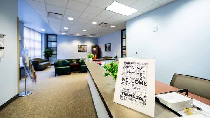 view of front desk and waiting room for the Counseling and School Psychology Clinic