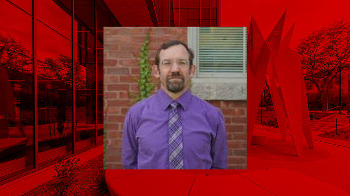 Danny Richer headshot with image of Carolyn Pope Edwards Hall with red overlay in background