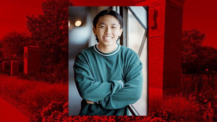 Adam Tong portrait image centered on photo East Campus pillars with red overlay