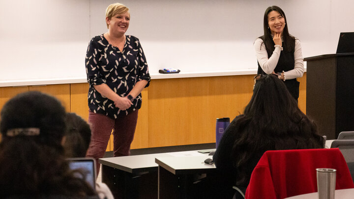 MAP Academy senior research specialists Amanda Prokasky, left, and Jungwon Eum answer questions during the Nov. 8 Methodology Applications Series presentation at Carolyn Pope Edwards Hall.