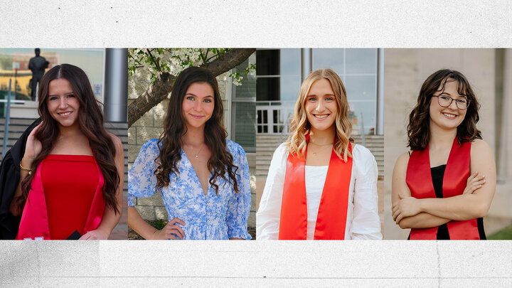 gray textured background with portrait images of Sydney Fulton, Isabella Kessinger, Abby Lorenz and Mya Miller across center