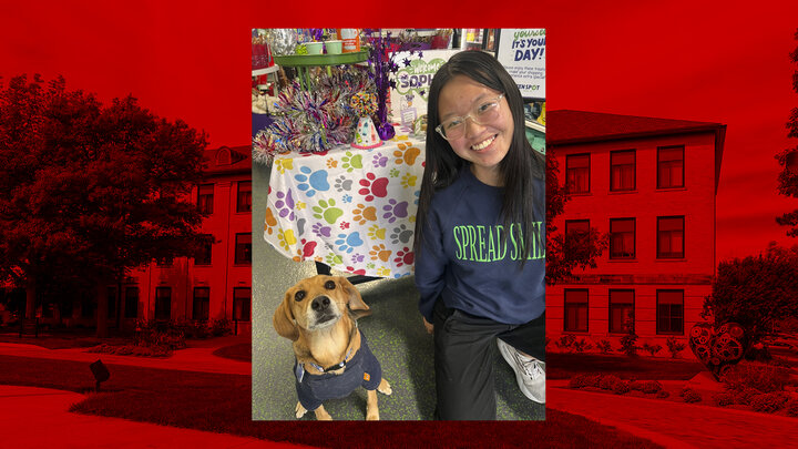 Lauren Marshall and her dog, Sophie, smile for a photo at an event; background image with red overlay behind
