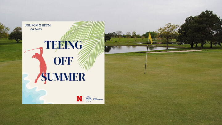 Mahoney Golf Course photo with graphic on left for Teeing Off Summer golf tournament